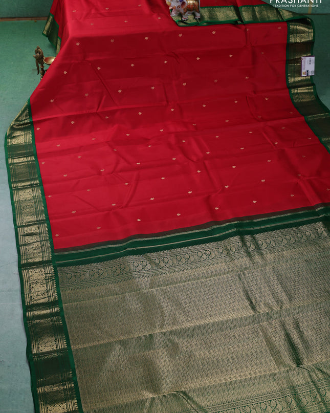 Pure kanchipuram silk saree red and green with paisley zari woven buttas and zari woven korvai border