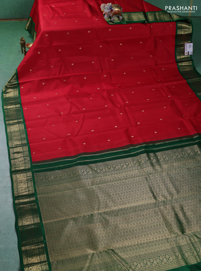 Pure kanchipuram silk saree red and green with paisley zari woven buttas and zari woven korvai border
