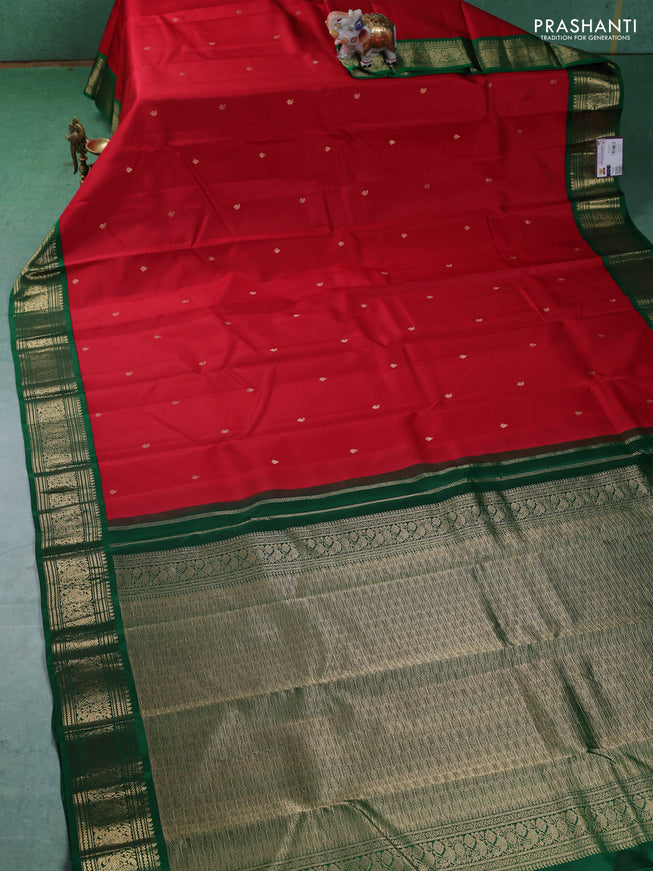 Pure kanchipuram silk saree red and green with paisley zari woven buttas and zari woven korvai border