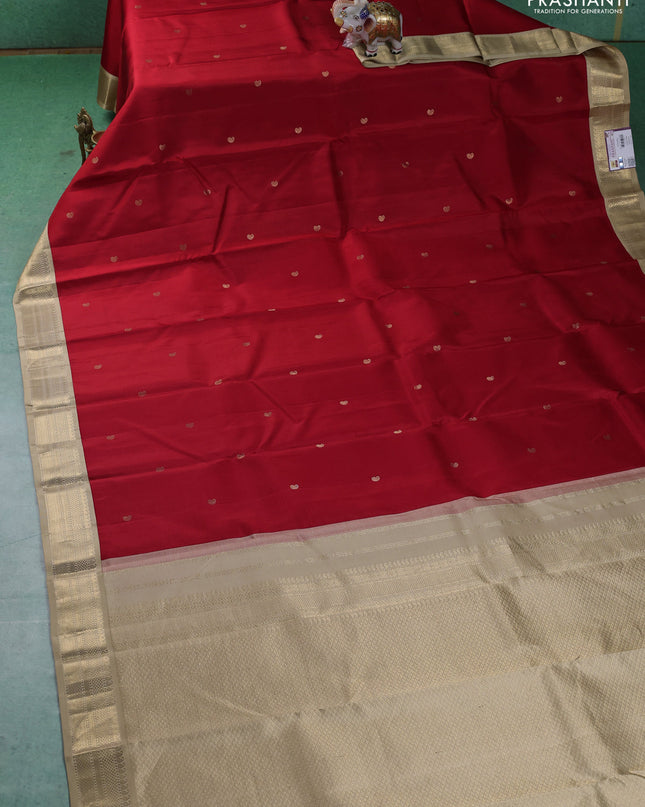 Pure kanchipuram silk saree red and sandal with paisley zari woven buttas and zari woven korvai border