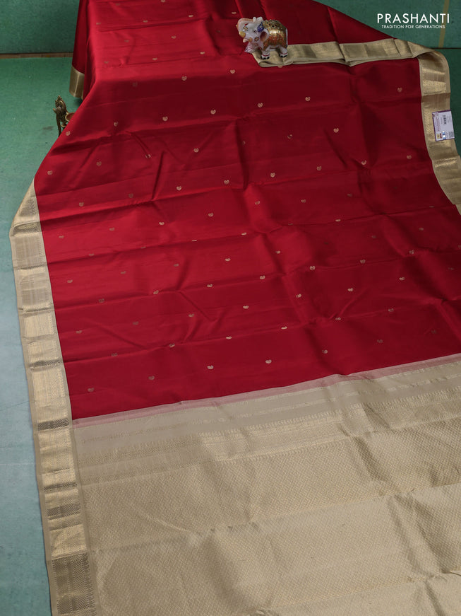 Pure kanchipuram silk saree red and sandal with paisley zari woven buttas and zari woven korvai border