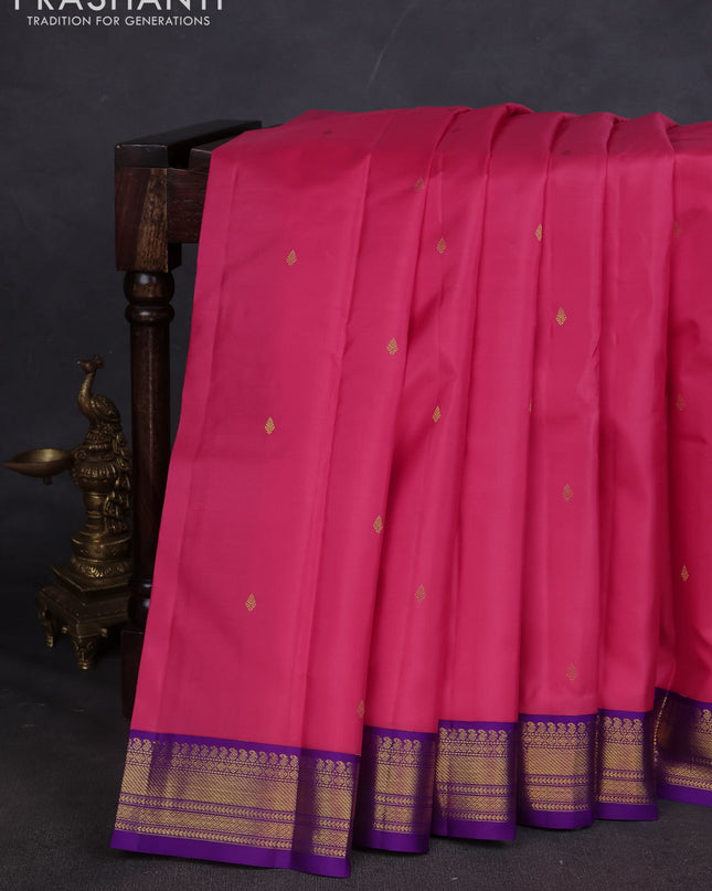 Pure kanchipuram silk saree pink and violet with zari woven buttas and zari woven korvai border