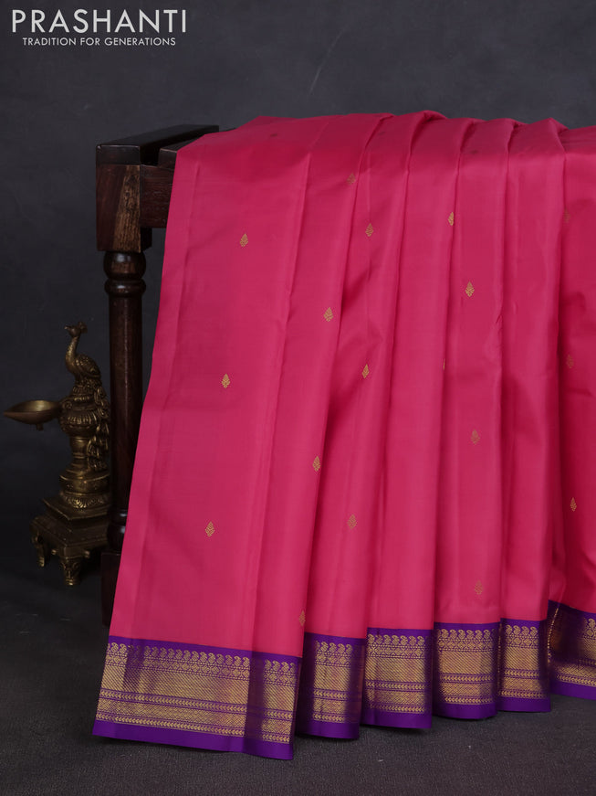 Pure kanchipuram silk saree pink and violet with zari woven buttas and zari woven korvai border