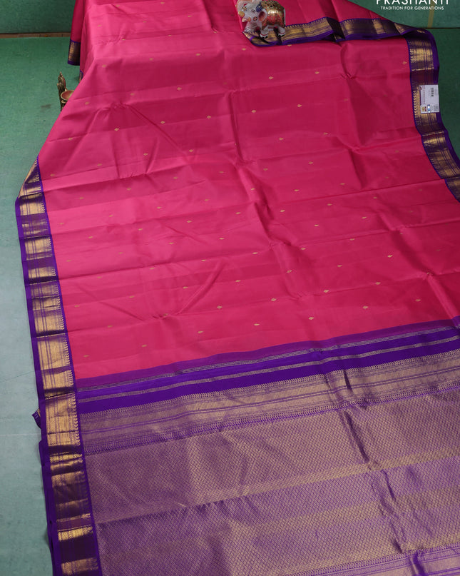 Pure kanchipuram silk saree pink and violet with zari woven buttas and zari woven korvai border