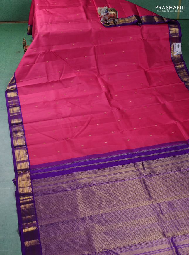 Pure kanchipuram silk saree pink and violet with zari woven buttas and zari woven korvai border