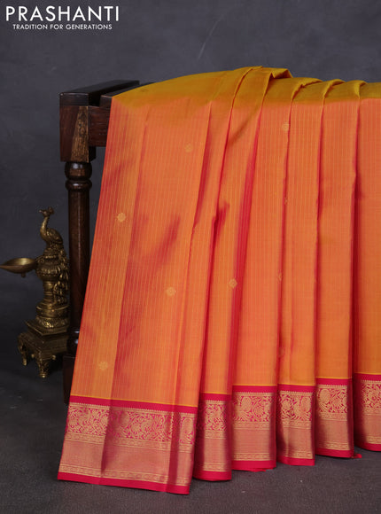 Pure kanchipuram silk saree dual shade of mustard yellow and pink with allover zari weaves and zari woven korvai border