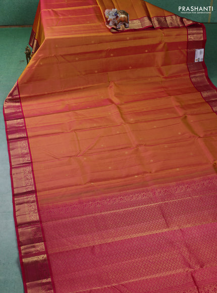 Pure kanchipuram silk saree dual shade of mustard yellow and pink with allover zari weaves and zari woven korvai border