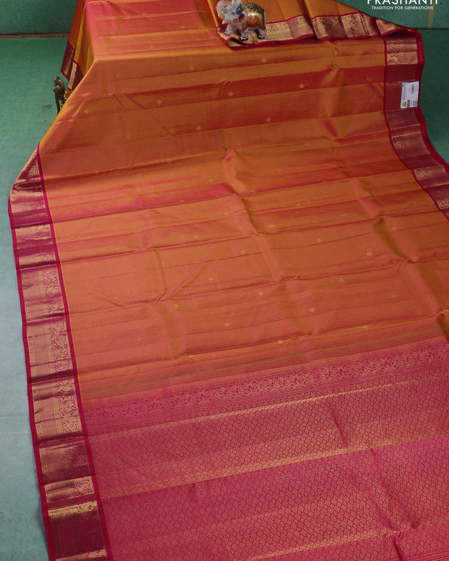 Pure kanchipuram silk saree dual shade of mustard yellow and pink with allover zari weaves and zari woven korvai border