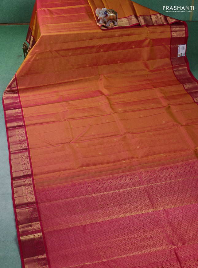 Pure kanchipuram silk saree dual shade of mustard yellow and pink with allover zari weaves and zari woven korvai border