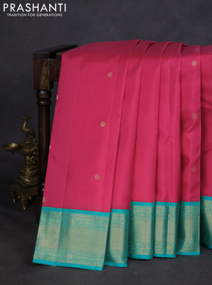Pure kanchipuram silk saree pink and teal blue with zari woven buttas and zari woven korvai border