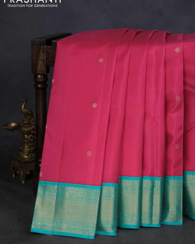 Pure kanchipuram silk saree pink and teal blue with zari woven buttas and zari woven korvai border