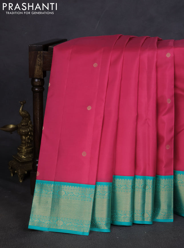 Pure kanchipuram silk saree pink and teal blue with zari woven buttas and zari woven korvai border
