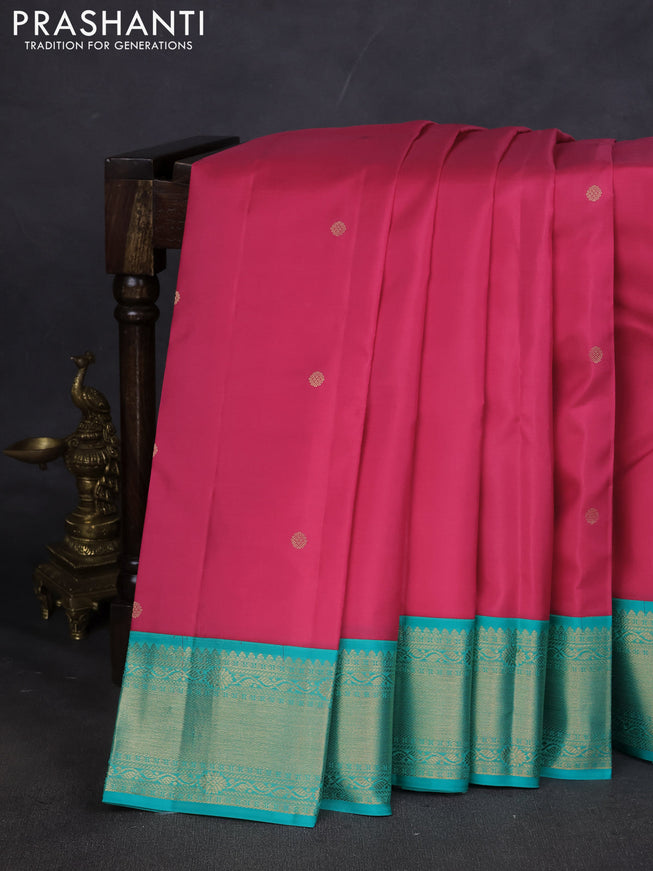 Pure kanchipuram silk saree pink and teal blue with zari woven buttas and zari woven korvai border