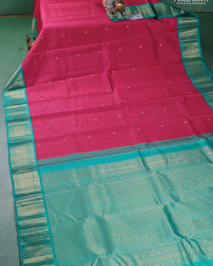 Pure kanchipuram silk saree pink and teal blue with zari woven buttas and zari woven korvai border