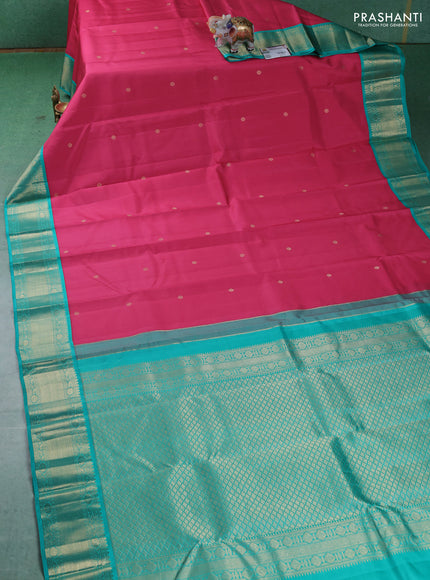 Pure kanchipuram silk saree pink and teal blue with zari woven buttas and zari woven korvai border