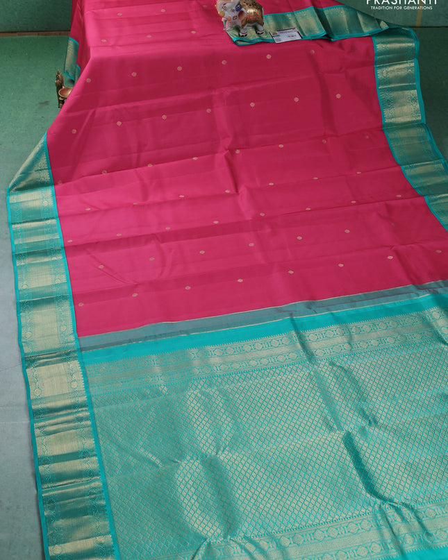 Pure kanchipuram silk saree pink and teal blue with zari woven buttas and zari woven korvai border