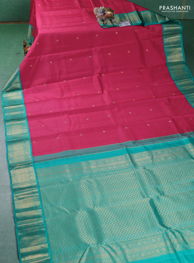 Pure kanchipuram silk saree pink and teal blue with zari woven buttas and zari woven korvai border