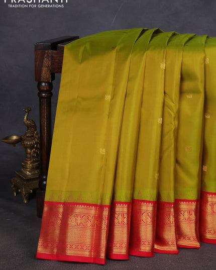 Pure kanchipuram silk saree lime green and red with annam zari woven buttas and zari woven korvai border