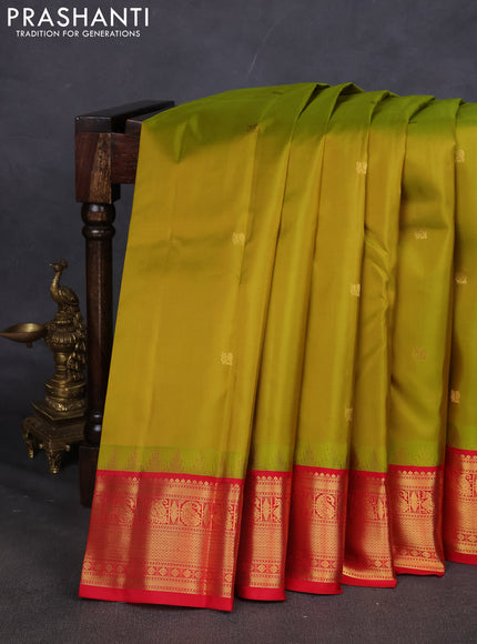 Pure kanchipuram silk saree lime green and red with annam zari woven buttas and zari woven korvai border