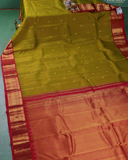 Pure kanchipuram silk saree lime green and red with annam zari woven buttas and zari woven korvai border