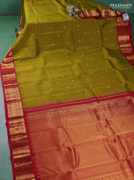 Pure kanchipuram silk saree lime green and red with annam zari woven buttas and zari woven korvai border