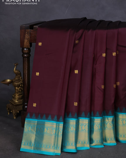 Pure kanchipuram silk saree deep wine and teal blue with annam zari woven buttas and zari woven korvai border
