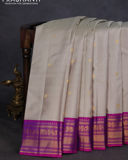 Pure kanchipuram silk saree grey and purple with zari woven buttas and zari woven korvai border
