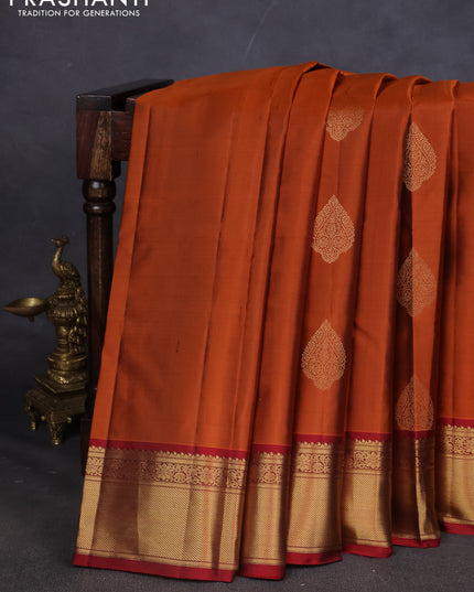 Pure kanchipuram silk saree rustic orange and maroon with zari woven buttas and zari woven korvai border