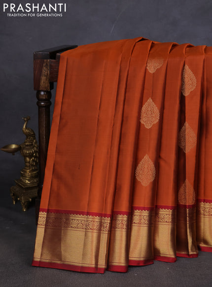 Pure kanchipuram silk saree rustic orange and maroon with zari woven buttas and zari woven korvai border