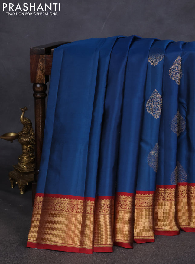 Pure kanchipuram silk saree peacock blue and maroon with zari woven buttas and zari woven korvai border