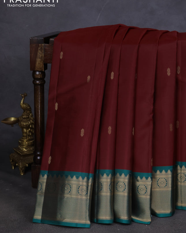 Pure kanchipuram silk saree maroon and peacock green with zari woven buttas and zari woven border