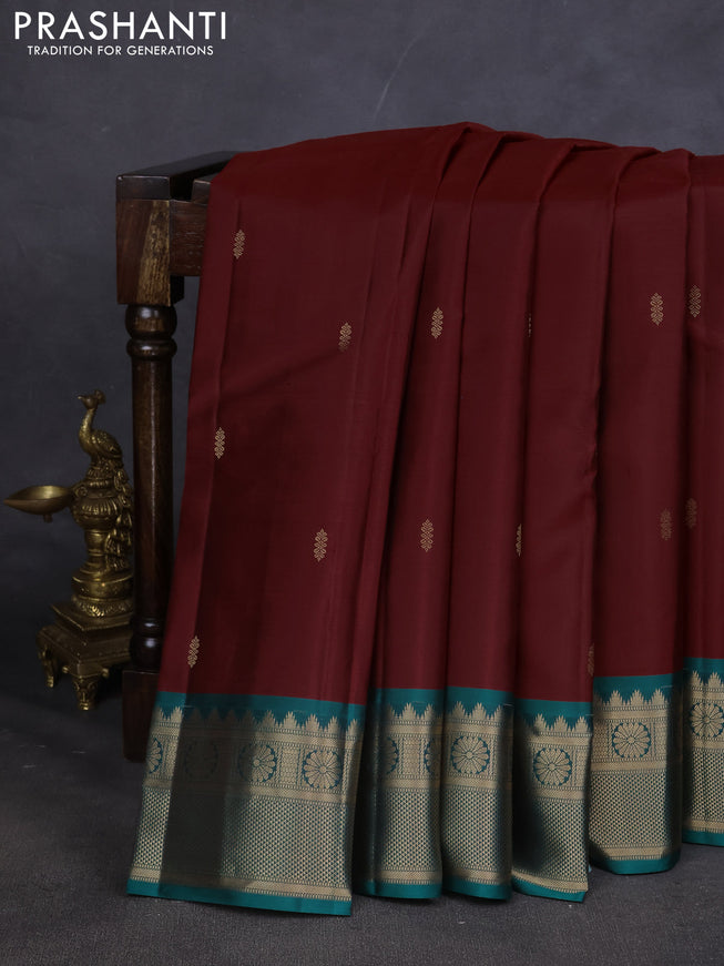 Pure kanchipuram silk saree maroon and peacock green with zari woven buttas and zari woven border