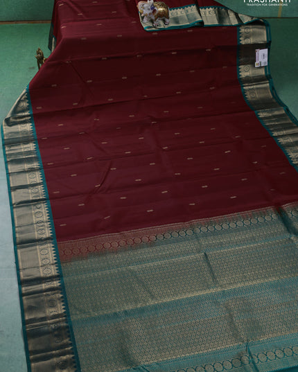 Pure kanchipuram silk saree maroon and peacock green with zari woven buttas and zari woven border