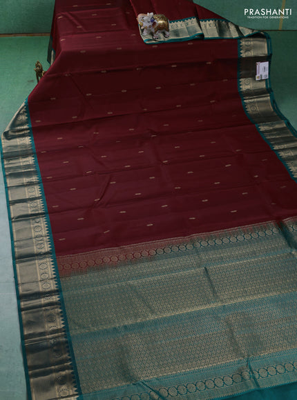 Pure kanchipuram silk saree maroon and peacock green with zari woven buttas and zari woven border
