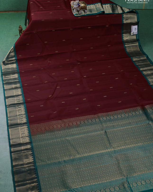 Pure kanchipuram silk saree maroon and peacock green with zari woven buttas and zari woven border