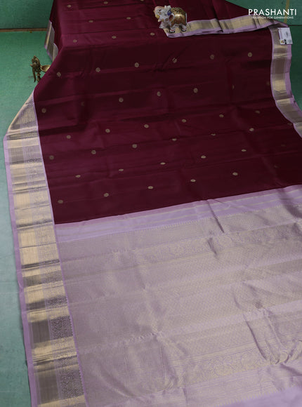 Pure kanchipuram silk saree maroon and pastel lavender with zari woven buttas and zari woven korvai border