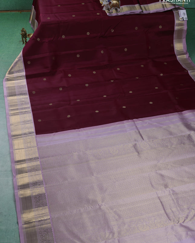 Pure kanchipuram silk saree maroon and pastel lavender with zari woven buttas and zari woven korvai border