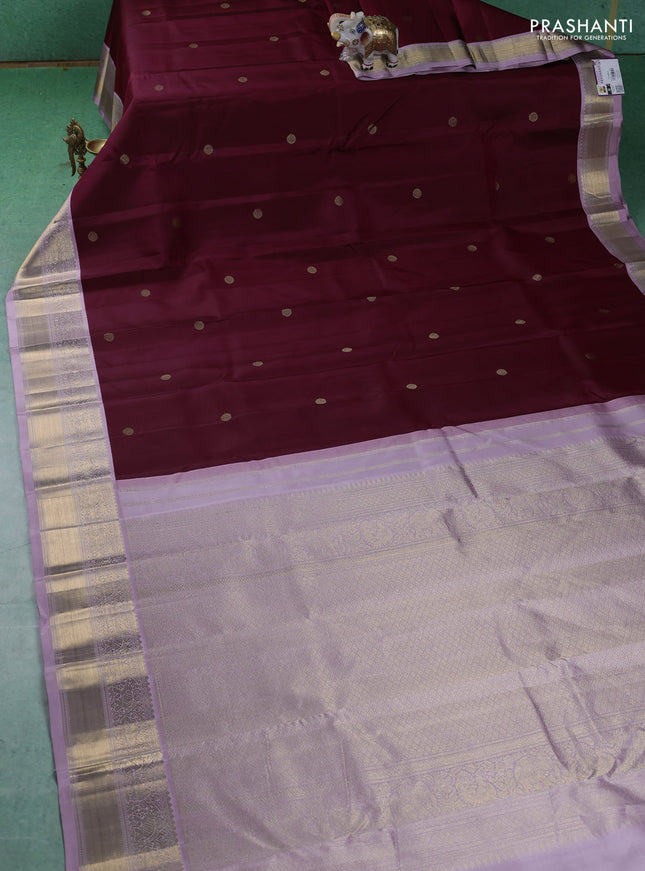 Pure kanchipuram silk saree maroon and pastel lavender with zari woven buttas and zari woven korvai border