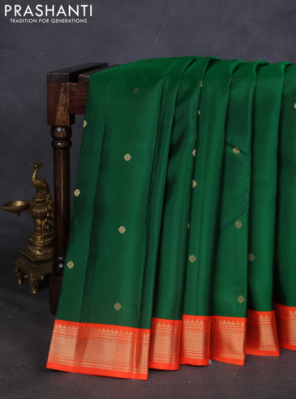 Pure kanchipuram silk saree green and orange with zari woven buttas and zari woven korvai border