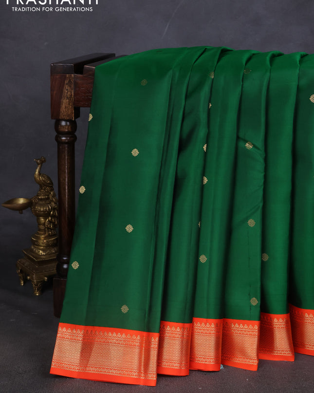 Pure kanchipuram silk saree green and orange with zari woven buttas and zari woven korvai border