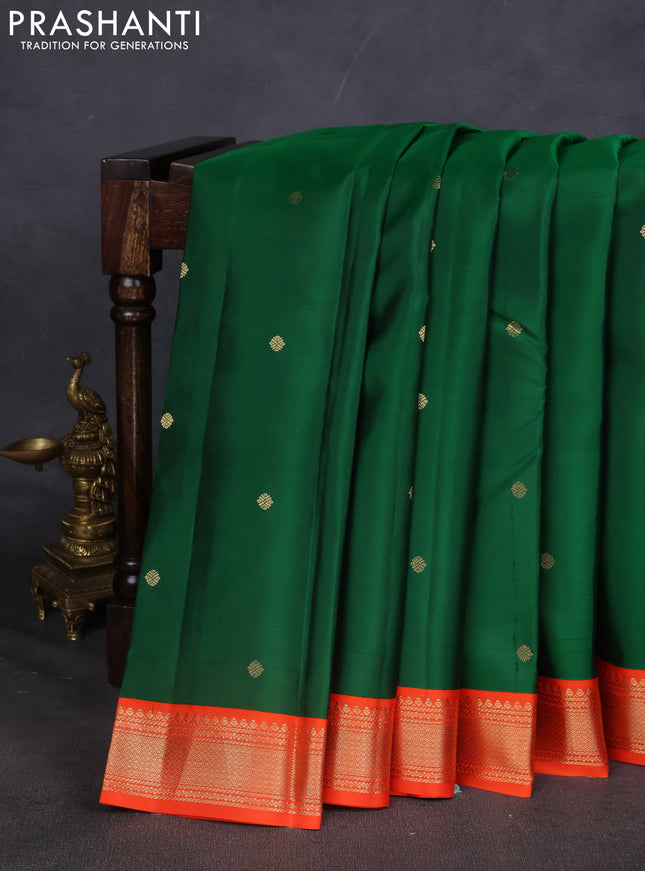 Pure kanchipuram silk saree green and orange with zari woven buttas and zari woven korvai border