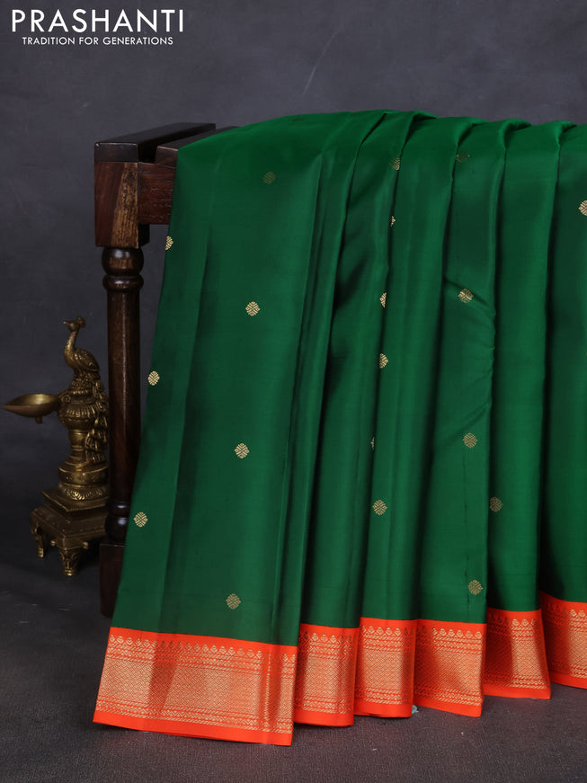 Pure kanchipuram silk saree green and orange with zari woven buttas and zari woven korvai border