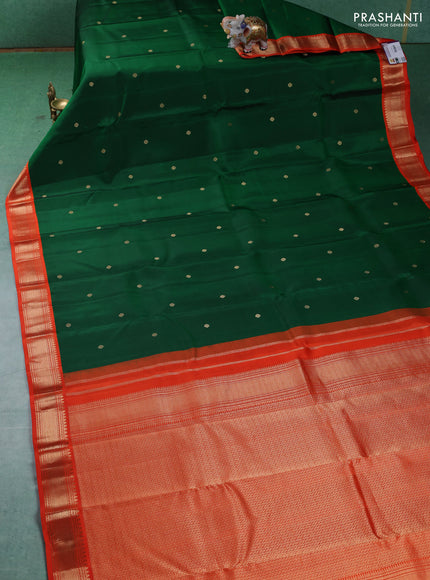 Pure kanchipuram silk saree green and orange with zari woven buttas and zari woven korvai border