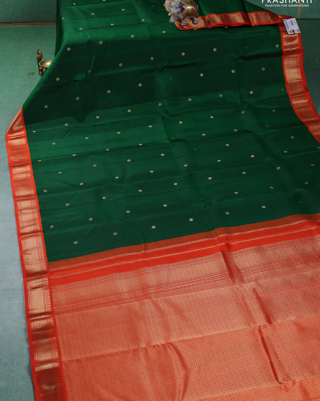 Pure kanchipuram silk saree green and orange with zari woven buttas and zari woven korvai border
