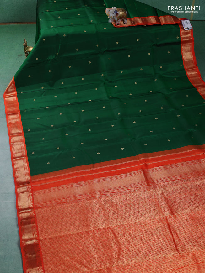 Pure kanchipuram silk saree green and orange with zari woven buttas and zari woven korvai border