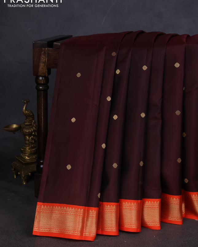Pure kanchipuram silk saree deep maroon and orange with zari woven buttas and zari woven korvai border