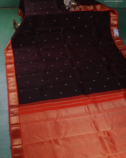 Pure kanchipuram silk saree deep maroon and orange with zari woven buttas and zari woven korvai border