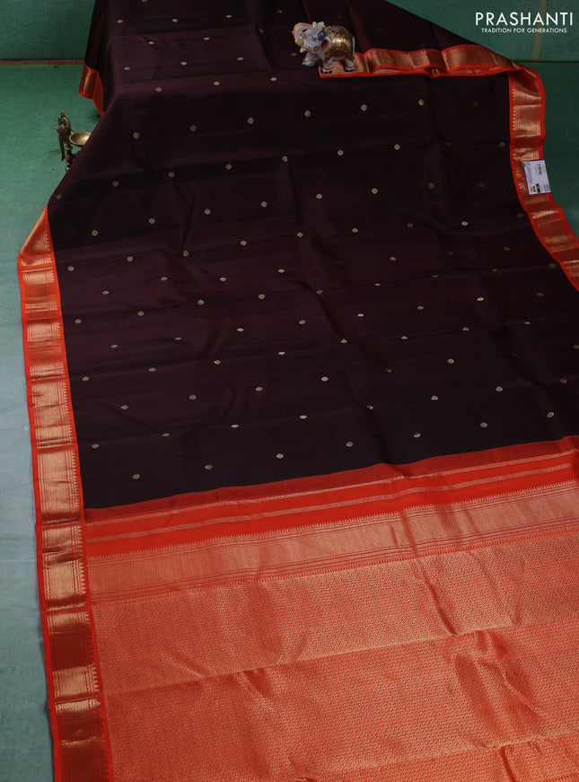 Pure kanchipuram silk saree deep maroon and orange with zari woven buttas and zari woven korvai border