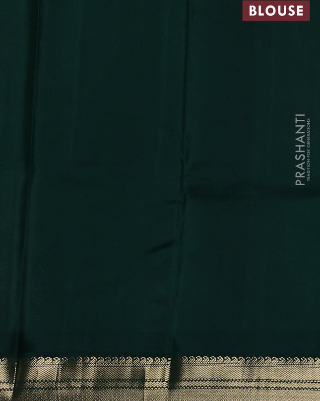 Pure kanchipuram silk saree off white and dark green with plain body and temple design zari woven border