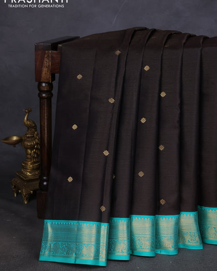 Pure kanchipuram silk saree coffee brown and teal green with allover vairaosi pattern & buttas and zari woven korvai border